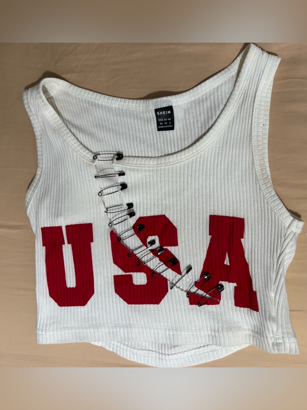 SHEIN White Ribbed Crop Tank with Red USA Graphic & Safety Pin Detail